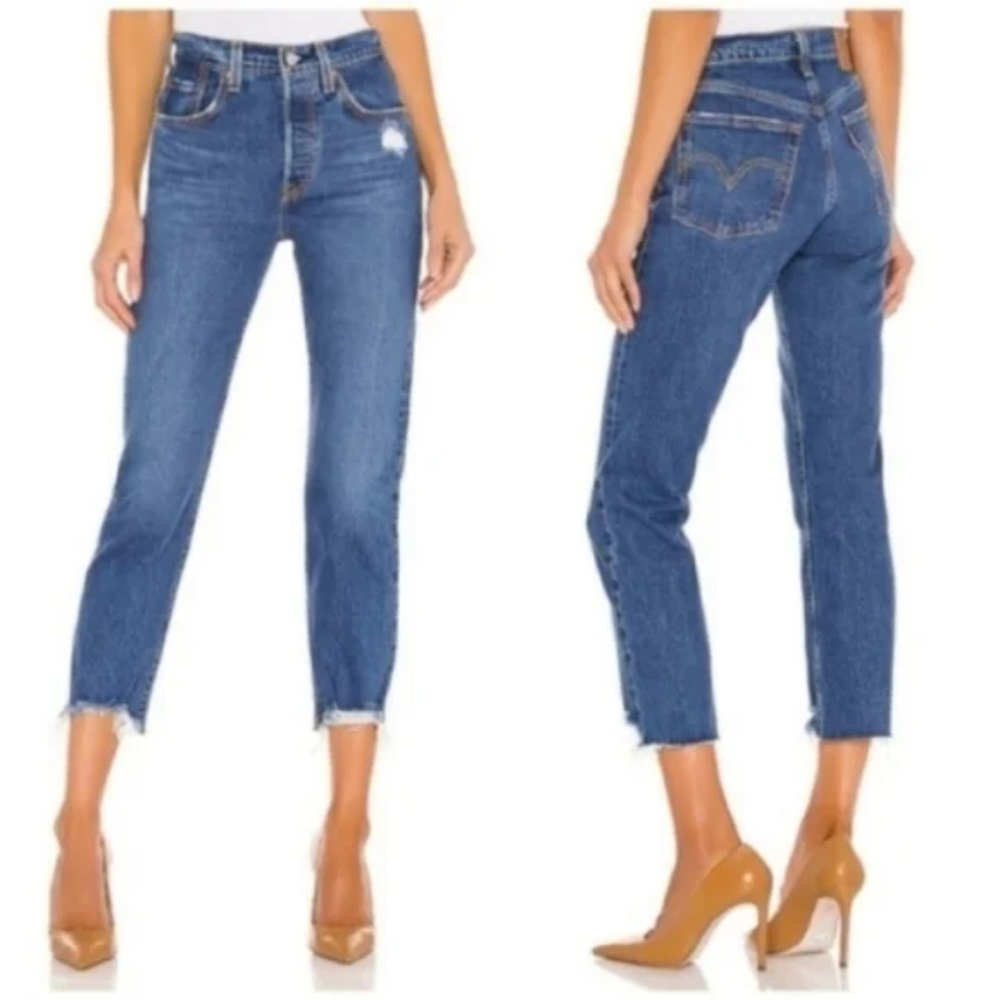 Levi's 501 Crop High Rise Denim Jeans Charleston Fun Mom 90s Straight Leg - Picture 3 of 10